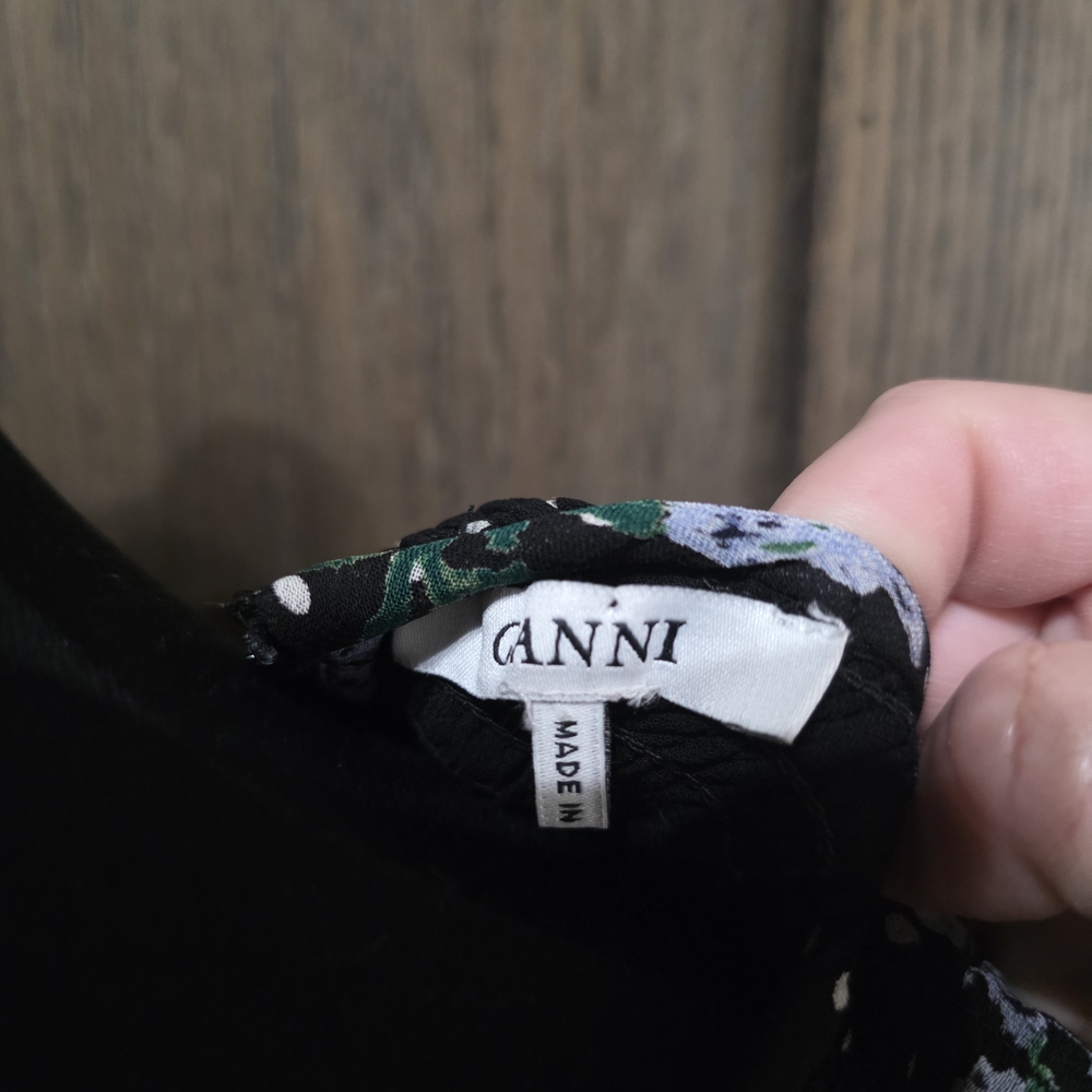 Ganni Black Polka Dot Maxi Dress with Green Floral Print - Picture 3 of 4